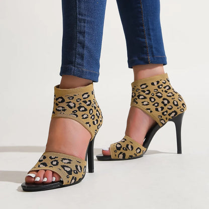 Hot Designer Knitted High Heel Open Toe  Leopard Print High Heel