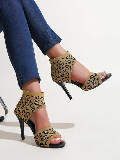 Hot Designer Knitted High Heel Open Toe  Leopard Print High Heel