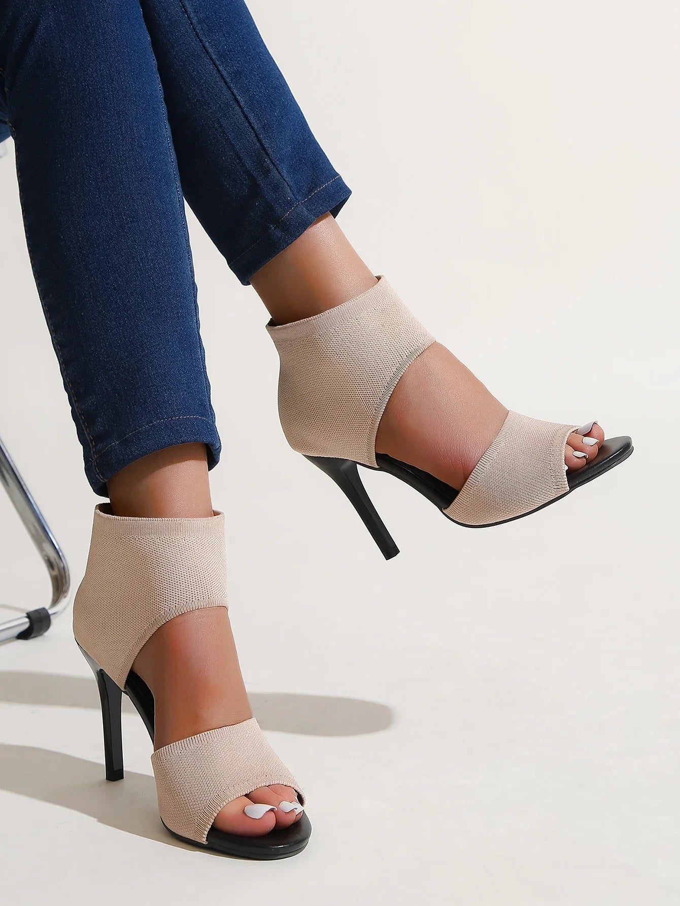 Hot Designer Knitted High Heel Open Toe  Leopard Print High Heel