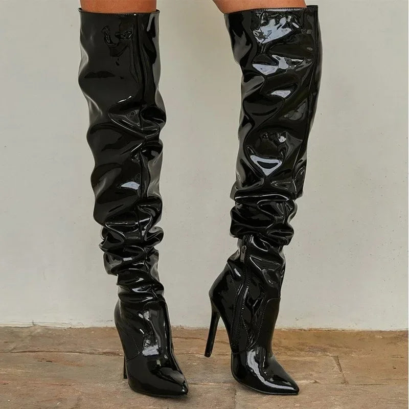 Modern Hot  Autumn Winter Patent Leather Over-the-knee Slim High Heel