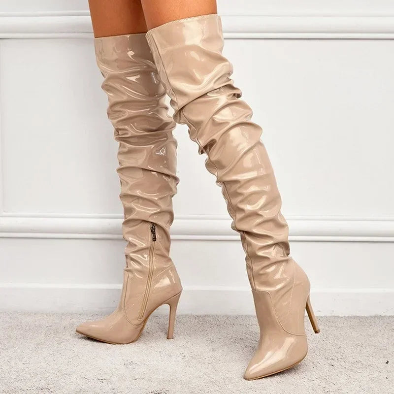 Modern Hot  Autumn Winter Patent Leather Over-the-knee Slim High Heel