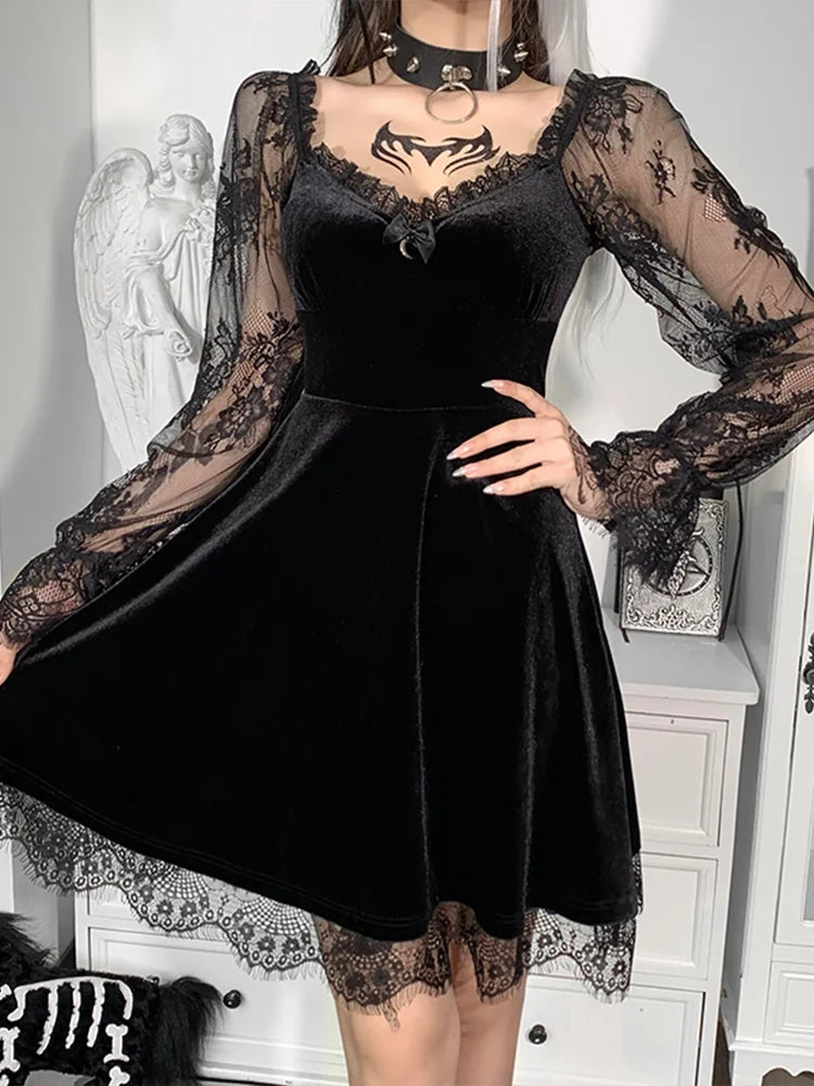 Moon  Black Grunge Dark V Neck Aesthetic Vintage Mini Long Sleeve Autumn Dress