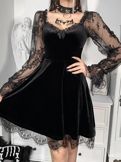 Moon  Black Grunge Dark V Neck Aesthetic Vintage Mini Long Sleeve Autumn Dress