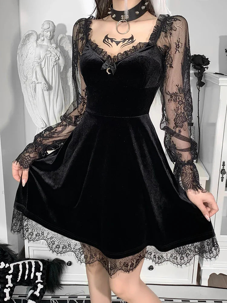 Moon  Black Grunge Dark V Neck Aesthetic Vintage Mini Long Sleeve Autumn Dress
