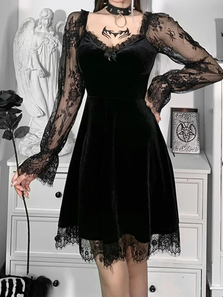 Moon  Black Grunge Dark V Neck Aesthetic Vintage Mini Long Sleeve Autumn Dress