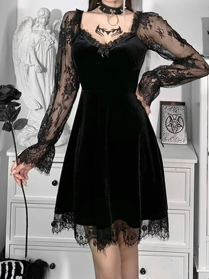 Moon  Black Grunge Dark V Neck Aesthetic Vintage Mini Long Sleeve Autumn Dress