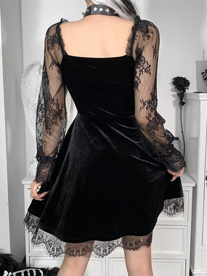 Moon  Black Grunge Dark V Neck Aesthetic Vintage Mini Long Sleeve Autumn Dress