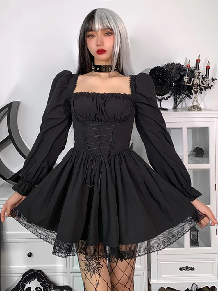 Spaghetti Strap Lace Satin Slip  Party Mini Harajuku Vintage Square Collar Puff Sleeve Dress
