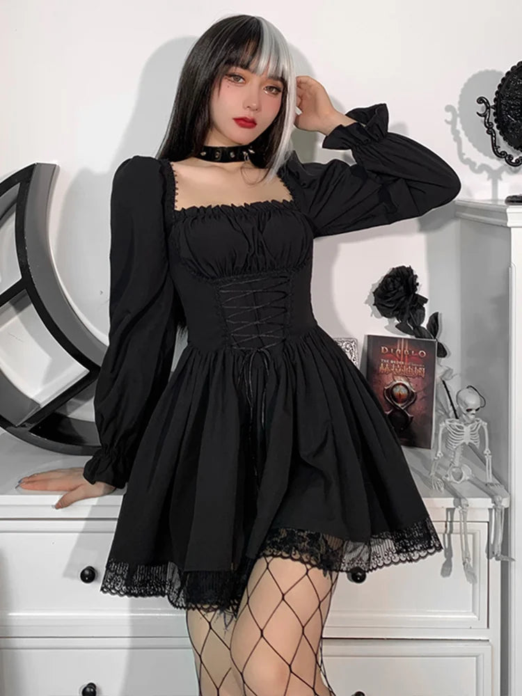 Spaghetti Strap Lace Satin Slip  Party Mini Harajuku Vintage Square Collar Puff Sleeve Dress