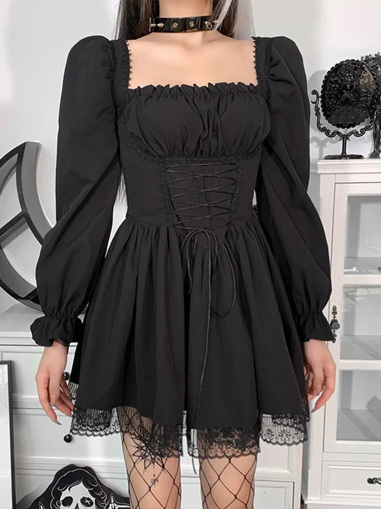 Spaghetti Strap Lace Satin Slip  Party Mini Harajuku Vintage Square Collar Puff Sleeve Dress
