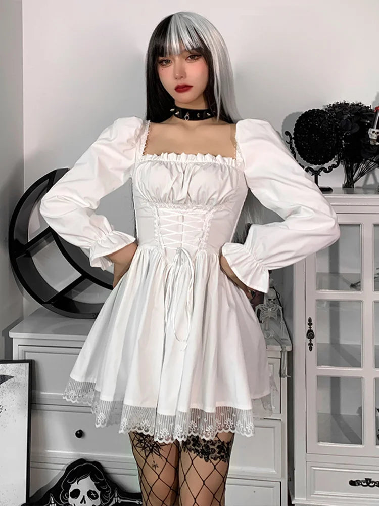 Spaghetti Strap Lace Satin Slip  Party Mini Harajuku Vintage Square Collar Puff Sleeve Dress