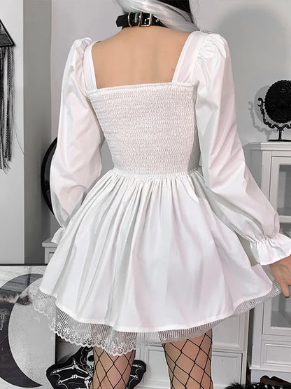 Spaghetti Strap Lace Satin Slip  Party Mini Harajuku Vintage Square Collar Puff Sleeve Dress