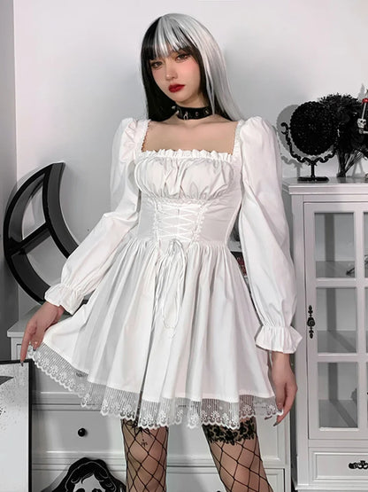 Spaghetti Strap Lace Satin Slip  Party Mini Harajuku Vintage Square Collar Puff Sleeve Dress