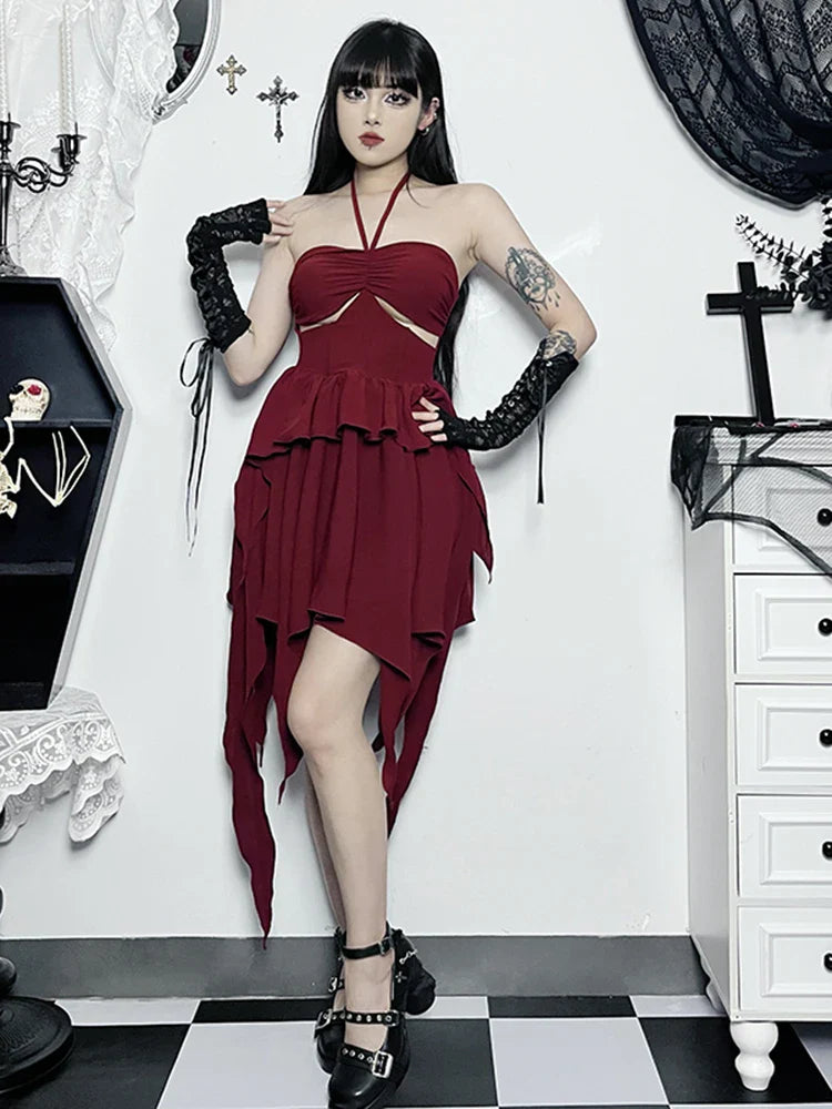 Halter Neck  Sleeveless Ruched Bodycon Asymmetrical A-Line Hem Party Cocktail Mini Dress