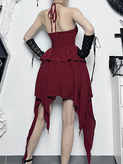 Halter Neck  Sleeveless Ruched Bodycon Asymmetrical A-Line Hem Party Cocktail Mini Dress