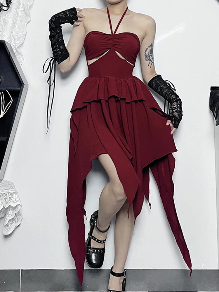 Halter Neck  Sleeveless Ruched Bodycon Asymmetrical A-Line Hem Party Cocktail Mini Dress