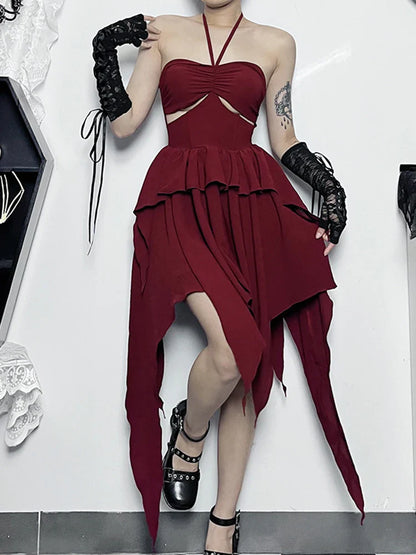 Halter Neck  Sleeveless Ruched Bodycon Asymmetrical A-Line Hem Party Cocktail Mini Dress