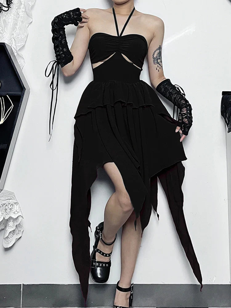 Halter Neck  Sleeveless Ruched Bodycon Asymmetrical A-Line Hem Party Cocktail Mini Dress