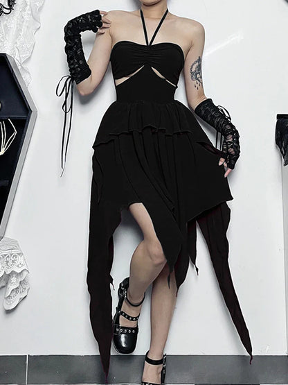 Halter Neck  Sleeveless Ruched Bodycon Asymmetrical A-Line Hem Party Cocktail Mini Dress