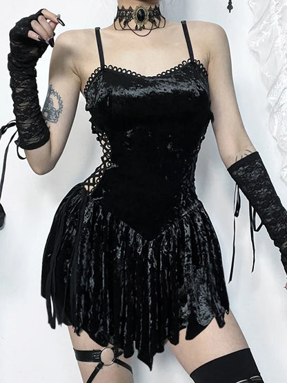 Hollow Out Spaghetti Straps Velvet  Sleeveless V Neck Backless Bodycon Dress