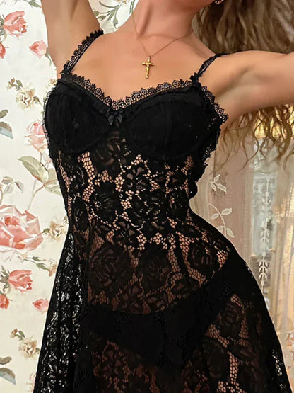 Gothic Lace Slip  See Through V Neck Sleeveless Spaghetti Strap Bodycon Dress