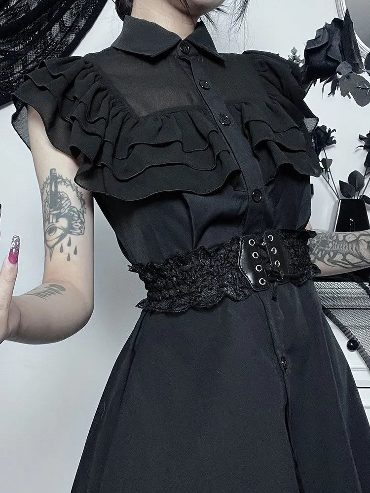 Mall Harajuku E-Girl Mesh Patchwork Black Slim A-Line  Party Grunge Aesthetic Streetwear Dress