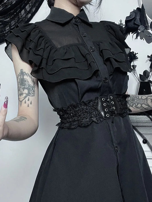 Mall Harajuku E-Girl Mesh Patchwork Black Slim A-Line  Party Grunge Aesthetic Streetwear Dress