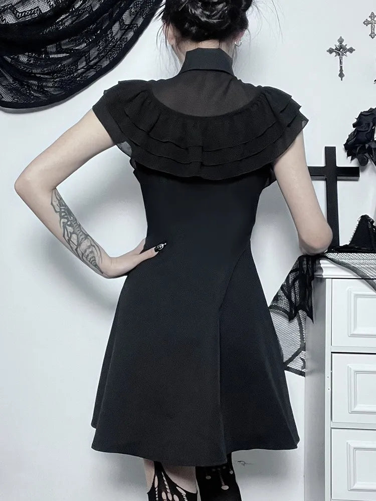 Mall Harajuku E-Girl Mesh Patchwork Black Slim A-Line  Party Grunge Aesthetic Streetwear Dress