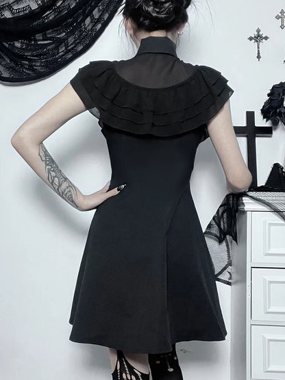 Mall Harajuku E-Girl Mesh Patchwork Black Slim A-Line  Party Grunge Aesthetic Streetwear Dress