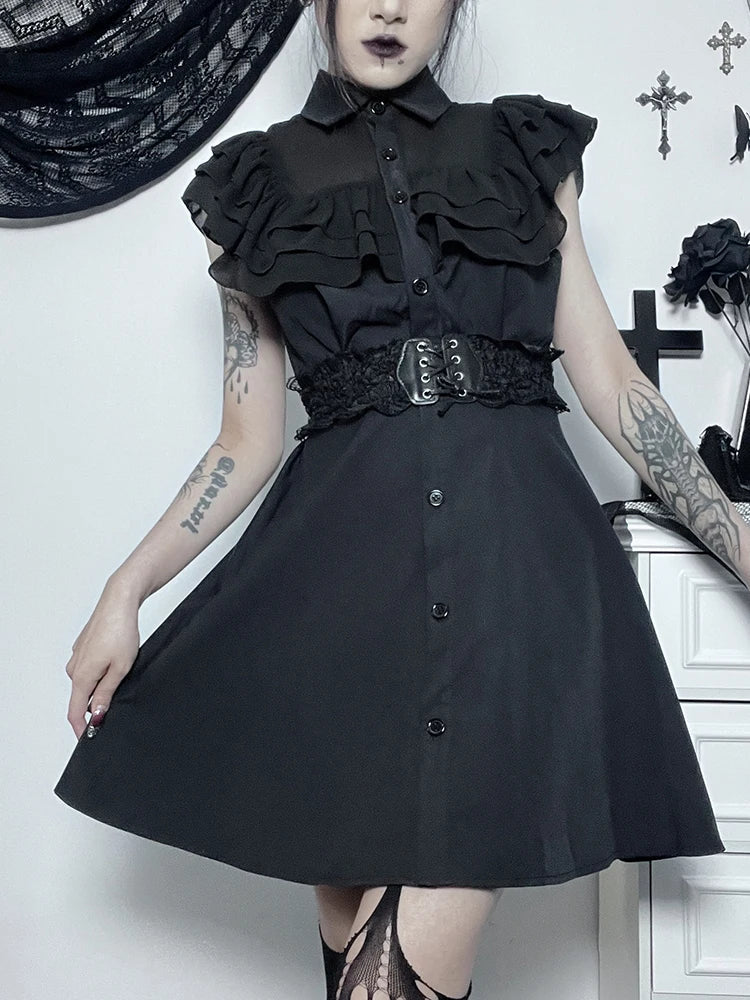 Mall Harajuku E-Girl Mesh Patchwork Black Slim A-Line  Party Grunge Aesthetic Streetwear Dress