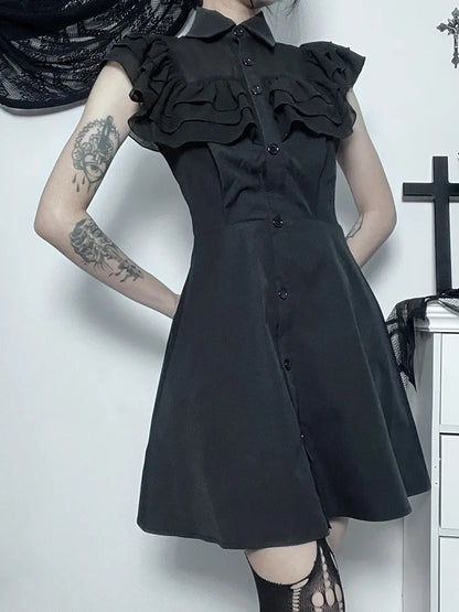 Mall Harajuku E-Girl Mesh Patchwork Black Slim A-Line  Party Grunge Aesthetic Streetwear Dress