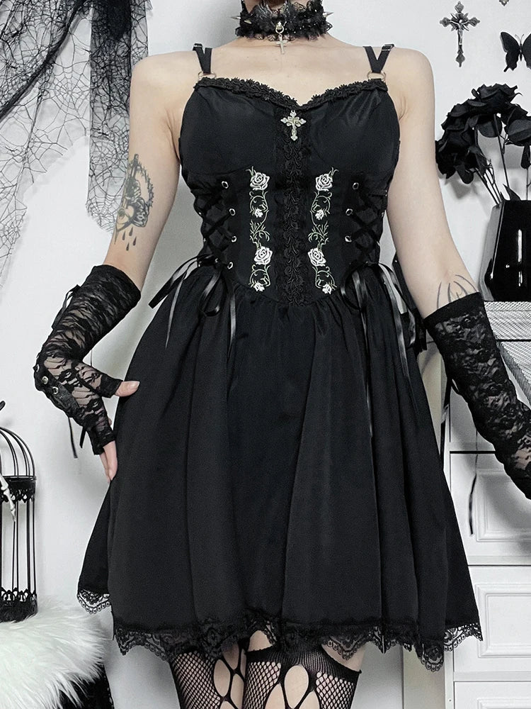 Gothic  Black V Neck Lace Up Y2K Grunge Punk High Waist Lace Trim Party Dress