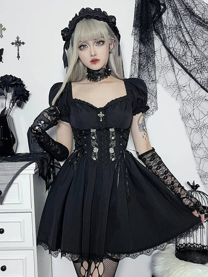 Gothic  Black V Neck Lace Up Y2K Grunge Punk High Waist Lace Trim Party Dress