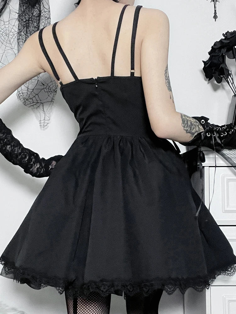 Gothic  Black V Neck Lace Up Y2K Grunge Punk High Waist Lace Trim Party Dress