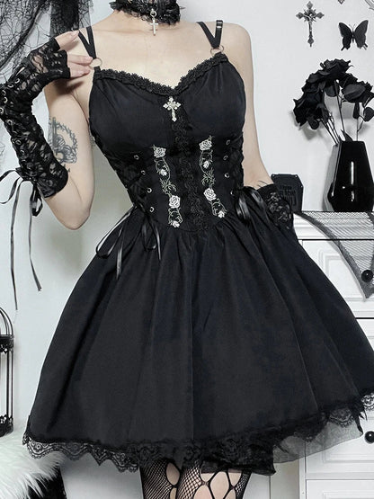 Gothic  Black V Neck Lace Up Y2K Grunge Punk High Waist Lace Trim Party Dress