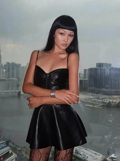 Spaghetti Strap Sweetheart Neckline A-Line Faux Leather Mini  Backless PU Dress