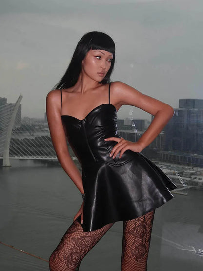 Spaghetti Strap Sweetheart Neckline A-Line Faux Leather Mini  Backless PU Dress