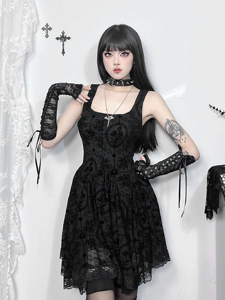 Gothic Vintage Lace Patchwork Sleeveless Draped Spaghetti Strap Bodycon Cami Dress