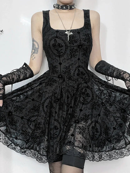 Gothic Vintage Lace Patchwork Sleeveless Draped Spaghetti Strap Bodycon Cami Dress
