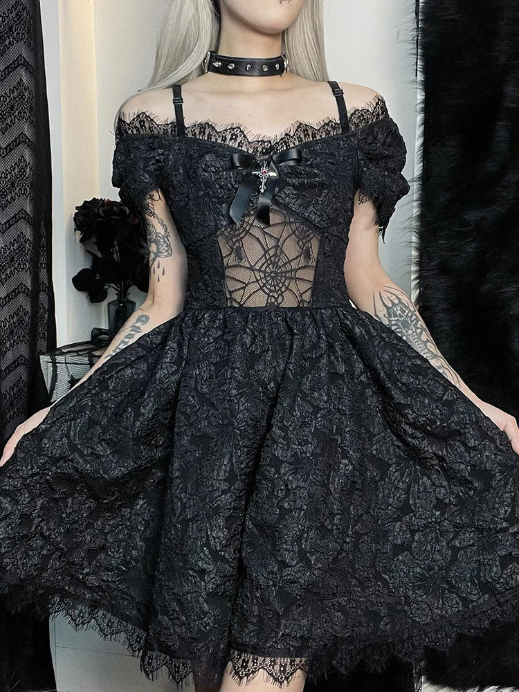 Mini Party Aesthetic One Shoulder Strap  Lace Cutouts Elegant A-Line High Waist Prom Y2K Grunge Clubwear Dress
