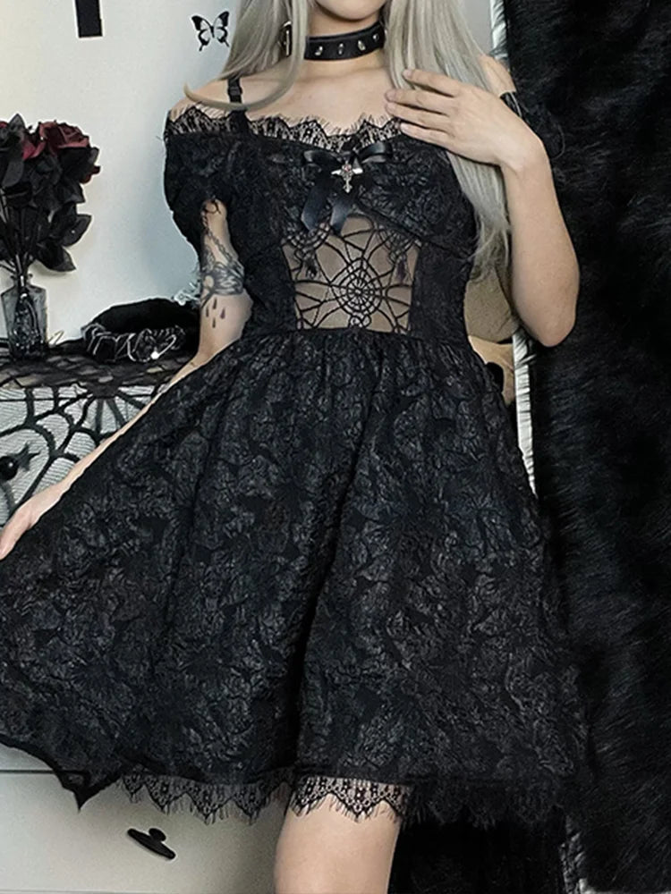 Mini Party Aesthetic One Shoulder Strap  Lace Cutouts Elegant A-Line High Waist Prom Y2K Grunge Clubwear Dress
