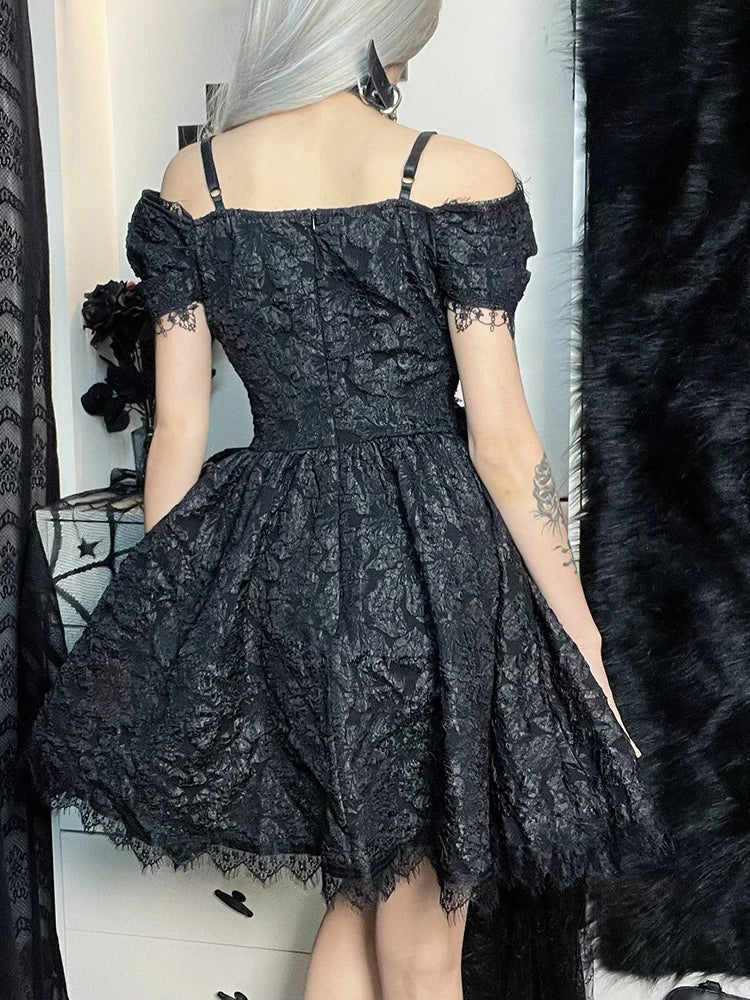 Mini Party Aesthetic One Shoulder Strap  Lace Cutouts Elegant A-Line High Waist Prom Y2K Grunge Clubwear Dress