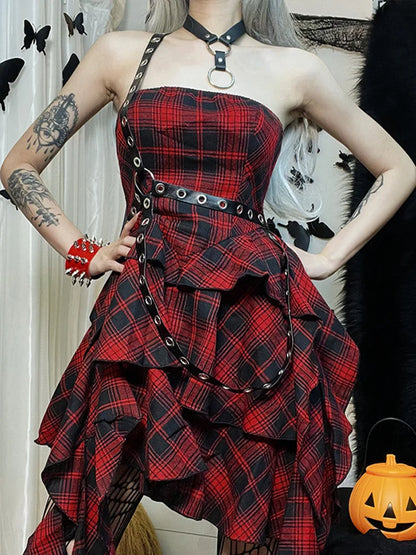 Red Plaid One Shoulder Irregular Strapless Backless  Vintage Lolita Academy Dress