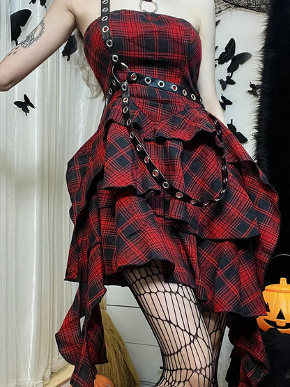 Red Plaid One Shoulder Irregular Strapless Backless  Vintage Lolita Academy Dress