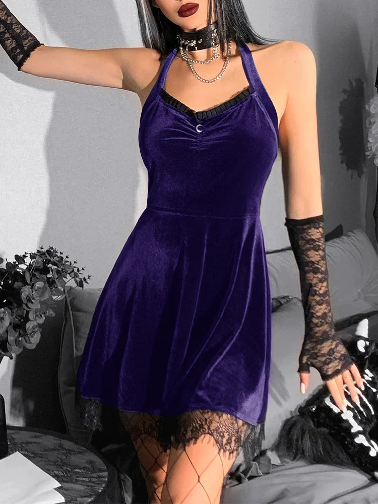 Velvet Gothic Green  Halter Y2K Backless Lace Patchwork High Waist Mini Dress