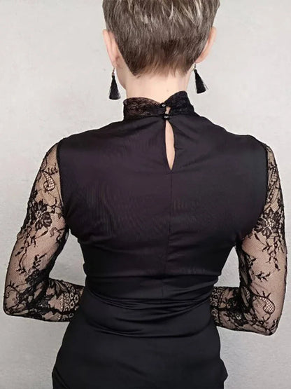 Vintage Lace Long Sleeve Bodycon  Hollow Out Turtle Neck Gothic Mini Dress