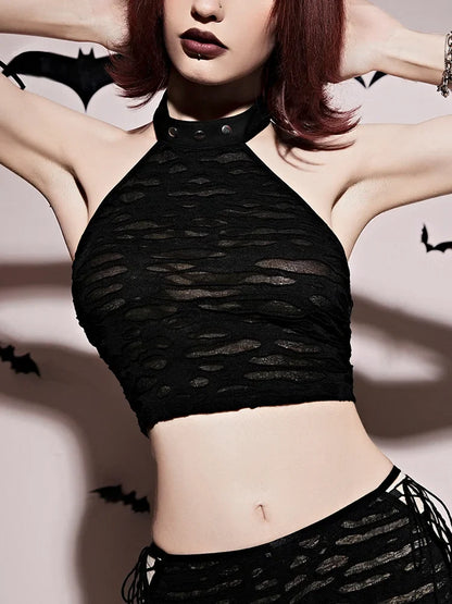 Gothic Coquette  Hollow Out Summer Club Halter Crop Top