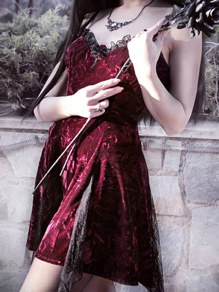 Y2K Gothic Vintage  Mesh Velvet Mini Grunge Aesthetic Dark High Waist Slit Partywear Emo Lolita Clubwear Dress