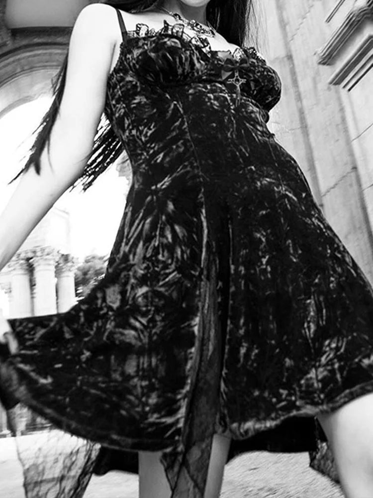 Y2K Gothic Vintage  Mesh Velvet Mini Grunge Aesthetic Dark High Waist Slit Partywear Emo Lolita Clubwear Dress