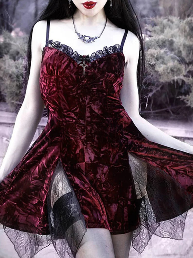 Y2K Gothic Vintage  Mesh Velvet Mini Grunge Aesthetic Dark High Waist Slit Partywear Emo Lolita Clubwear Dress